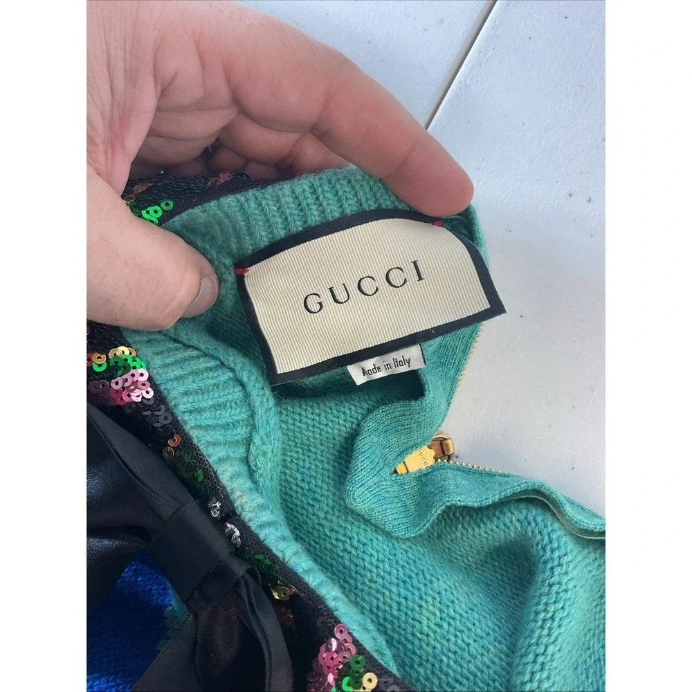 Gucci‎ Wool Sequin Collar Bow UFO Green Womens Sweater Sz S Super Rare Gorgeous - Picture 6 of 12